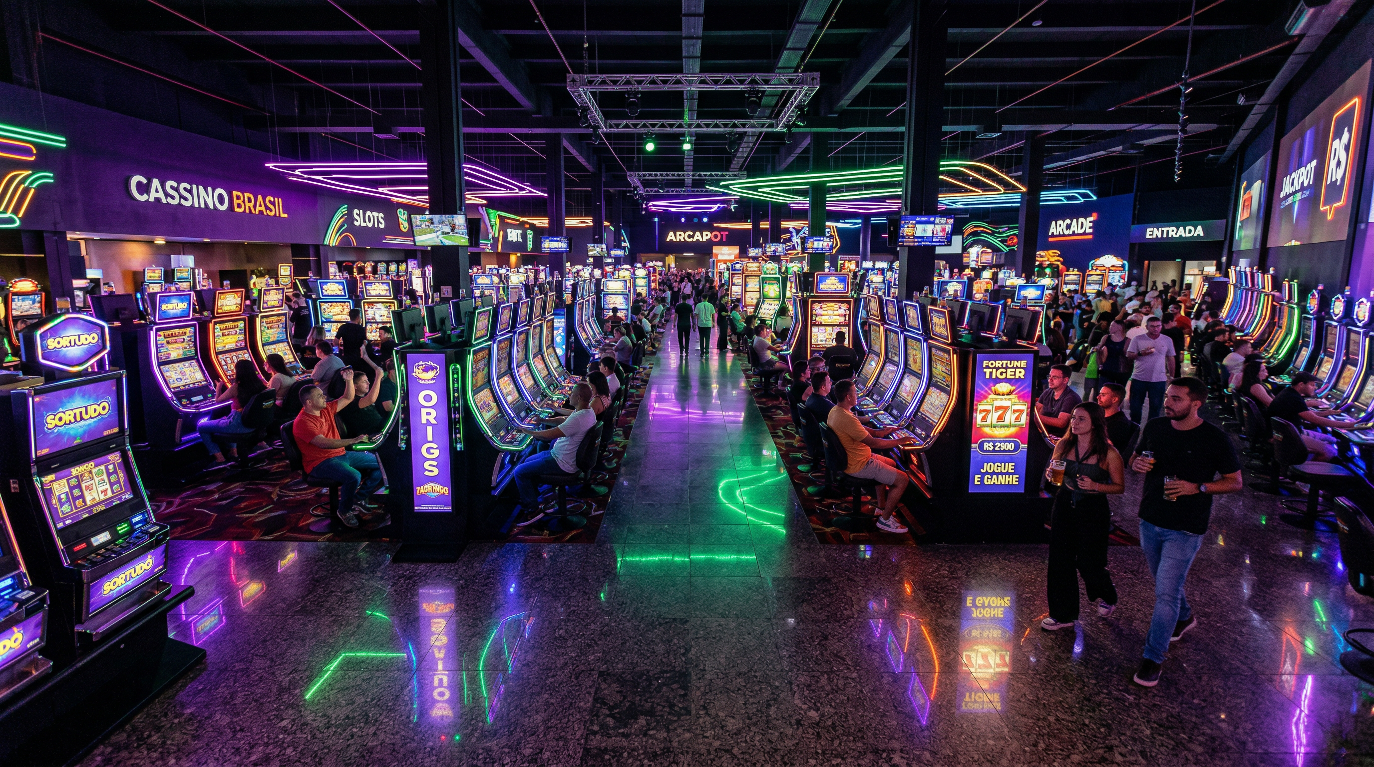 Salão de gaming com luzes neon e máquinas arcade